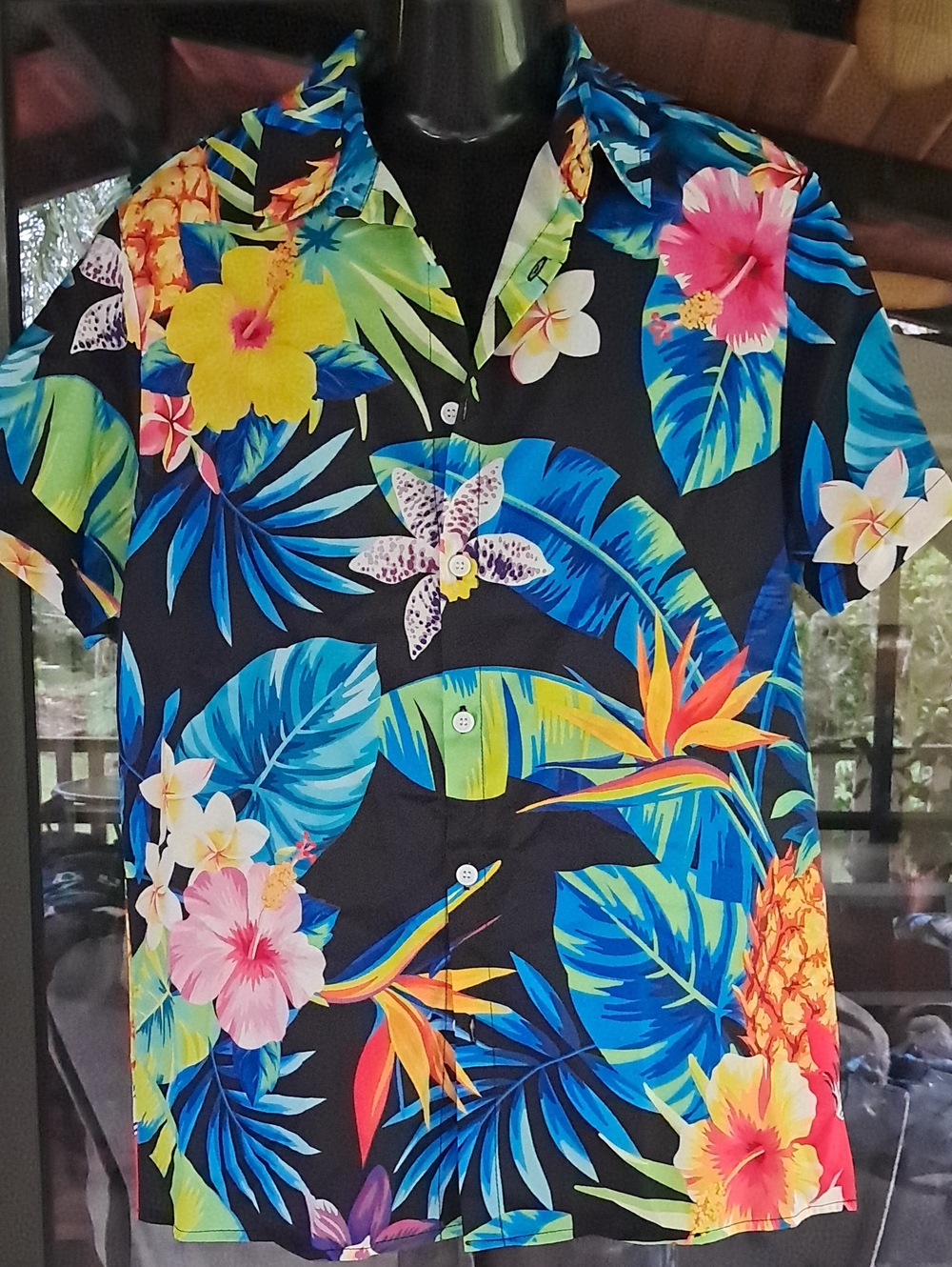 Tropical Floral Button-Up Shirt in Black with Bright Multicolor Prints